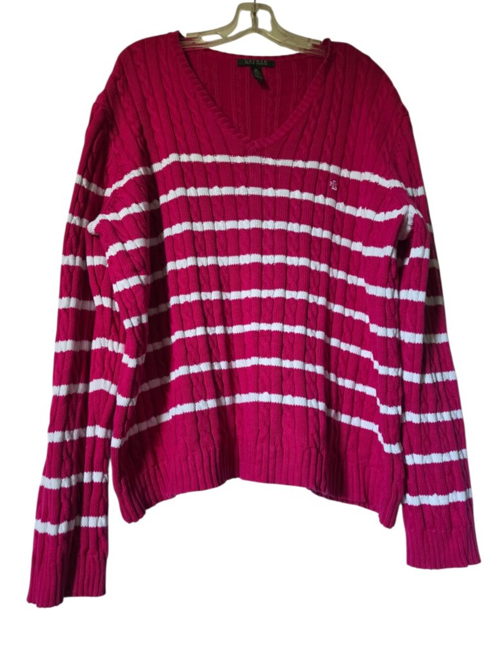 Lauren Ralph Lauren Pink/Fushia/White V-Neck Cable Knit Womens Sweater Sz 2X